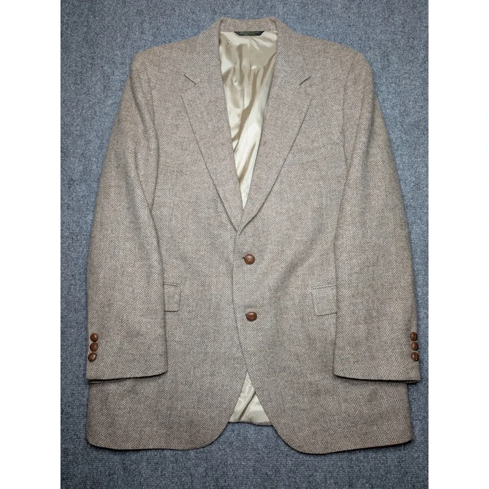 Vintage Roger Stuart 100%‎ Wool Blazer Herringbone Beige Men's Size 46L